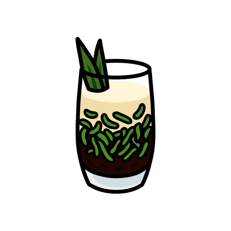 Vector colorful cartoon illustration of cendol dessert with pandan leaves