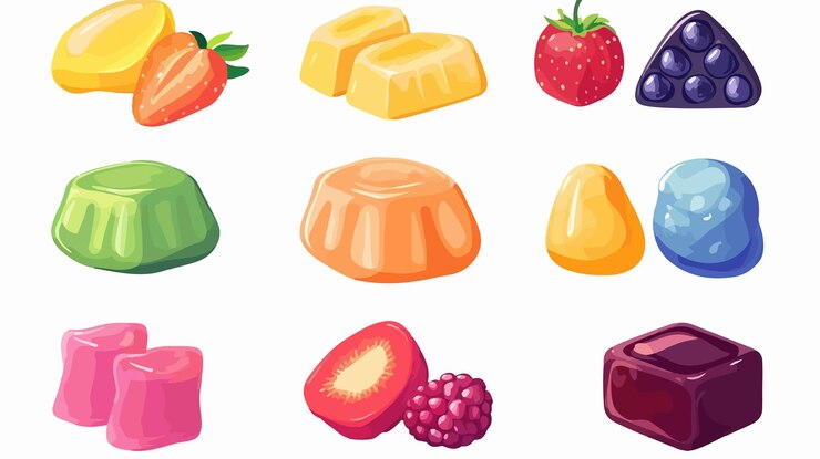 Vector colorful cartoon jelly candy with fruit flavor on white background