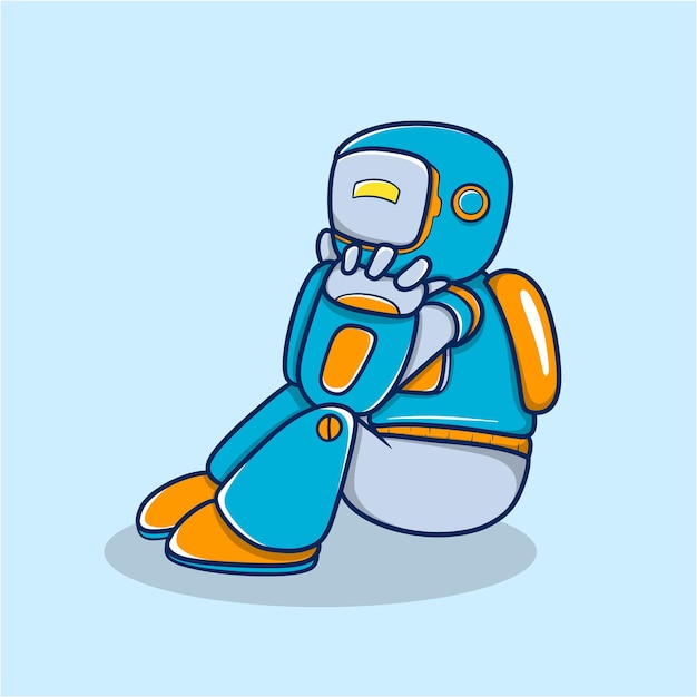 Colorful cartoon robot sitting and looking pensive