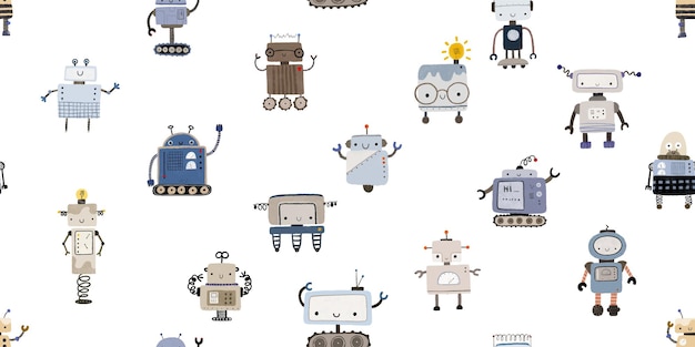 Vector colorful cartoon robots isolated background seamless pattern endless pattern with robots background