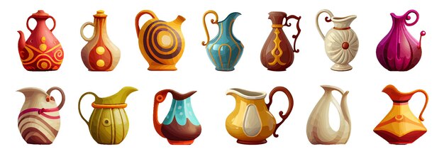 Colorful cartoon set of fairy vessels and jugs isolated on white background. Various shapes