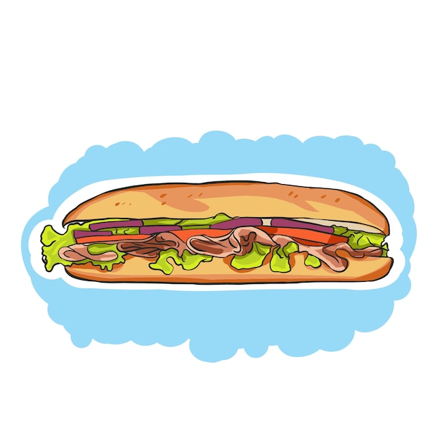 A colorful cartoon sub sandwich with lettuce,tomato,meat,and cheese