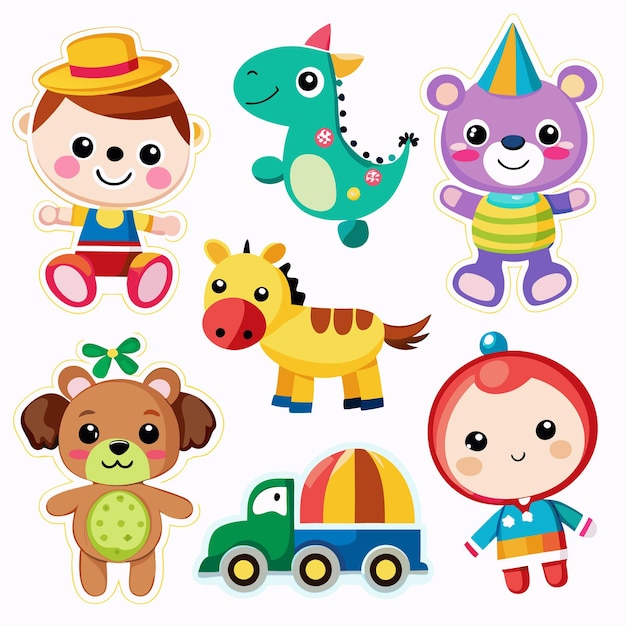 colorful cartoon toys on a white background they include a boy wearing a hat a dinosaur a bear a horse a dog a girl and a truck