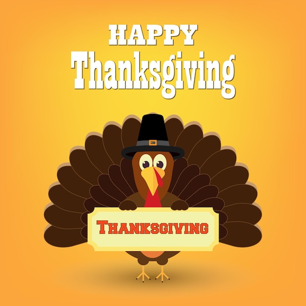 Colorful cartoon of turkey bird for happy thanksgiving celebration thanksgiving turkey bird wearing a pilgrim hat under happy thanksgiving text vector illustration