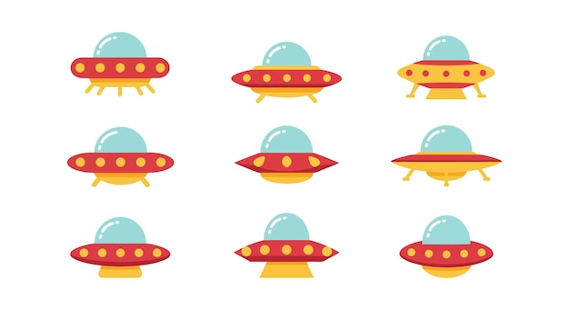 グリッドレイアウトの様々なデザインと方向性のカラフルなアニメのUFO