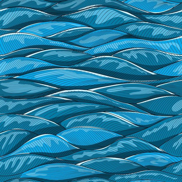 Colorful cartoon waves, geometrical seamless pattern in blue colors. Can be used for wallpaper, web page, prints.