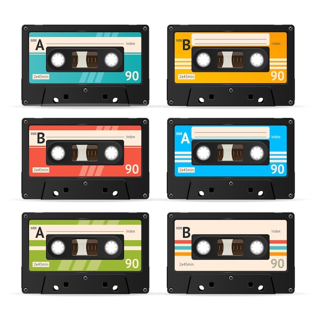 Colorful cassette tape collection isolated.