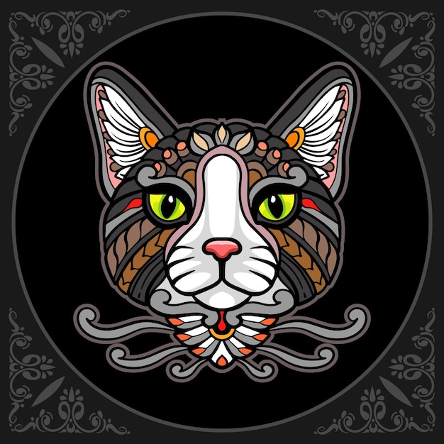 Красочные искусства мандалы кошачьей головы изолированы на черном фоне