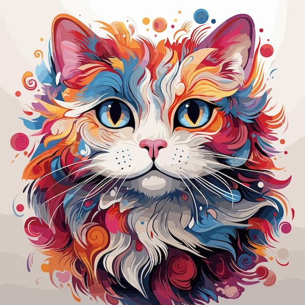 Vector colorful cat's face with blue eyes and multicolored hair