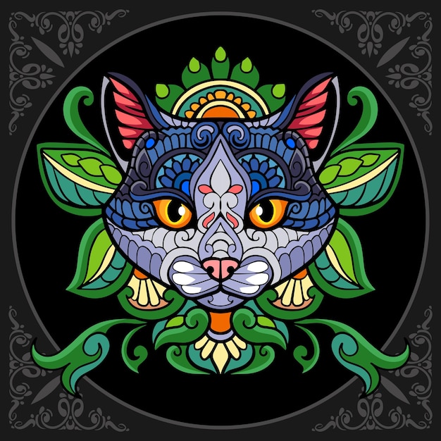 Colorful cat zentangle arts isolated on black background