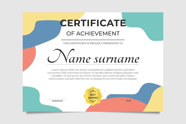 Colorful certificate of achievement design template, vector illustration with wave pastel color