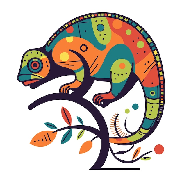 Vector colorful chameleon on a tree colored vector illustration