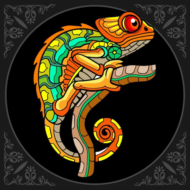 Vettore arti colorate di zentangle chameleon isolate su sfondo nero