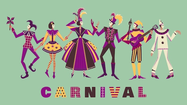 Vector colorful characters of the venetian carnival theater actors in carnival costumes