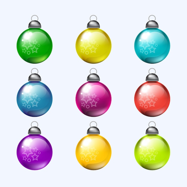 カラフルなクリスマスボール。孤立した現実的な装飾のセット。ベクトル図。