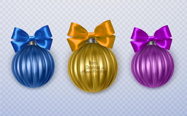 Colorful christmas balls with realistic bow on transparent background