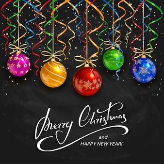 Palle di natale colorate con orpelli e coriandoli dorati su sfondo nero lavagna, scritte natalizie buon natale e felice anno nuovo, illustrazione.