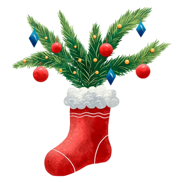 Красочная рождественская иллюстрация красного носка с елкой с принтом шариков и пайеток