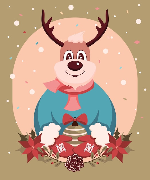 Vector colorful christmas merry christmas deer with a scarf around his neck holding a christmas tree