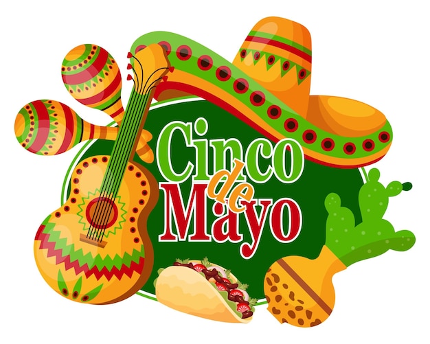 멕시코 기호, 타코, 기타, 솜브레로, 마라카스가 있는 다채로운 신코 데 마요 배너. 삽화