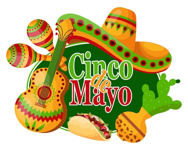 Vettore striscione colorato cinco de mayo con simboli messicani, tacos, chitarra, sombrero e maracas. illustrazione