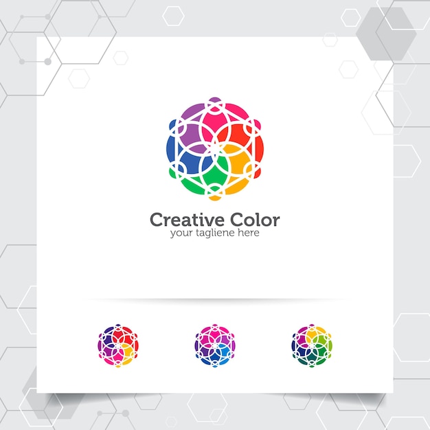 Vettore design del logo del cerchio colorato con il concetto di fiore e cerchio geometrico elemento vettoriale colorato astratto utilizzato per lo studio e la tecnologia