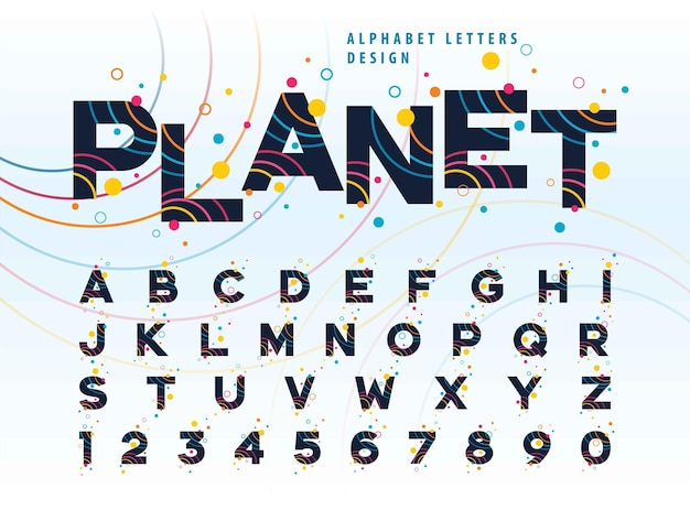 Vector colorful circles planet alphabet letters and numbers modern fonts bubble globe planet earth fun fair