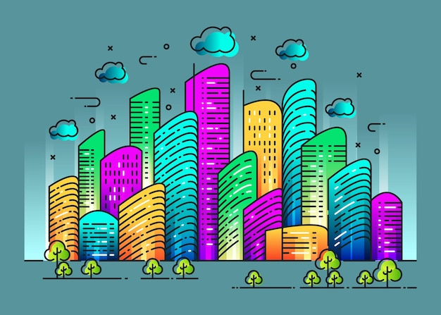 Colorful city line illustration design with tree