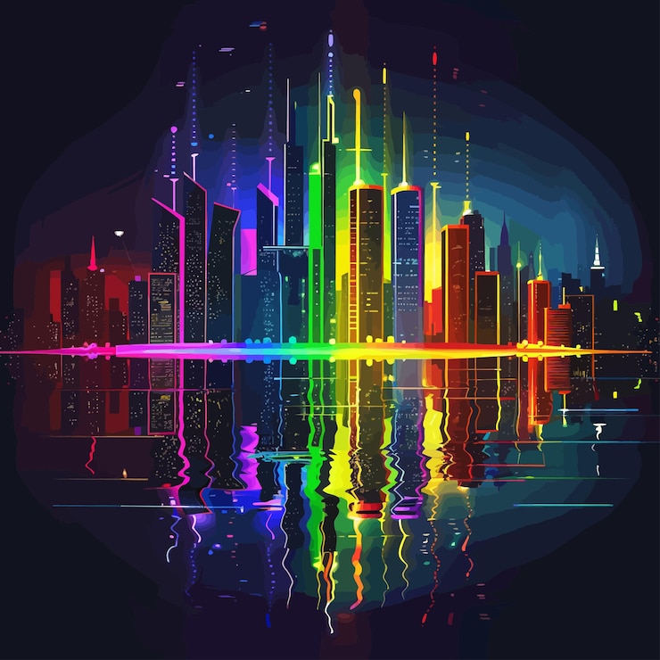 Vector a colorful city skyline with the reflection of a city in the water