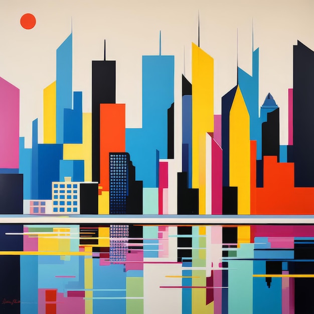 Vector colorful city skyline with skyscrapers and reflection on the river colorful city skyline with