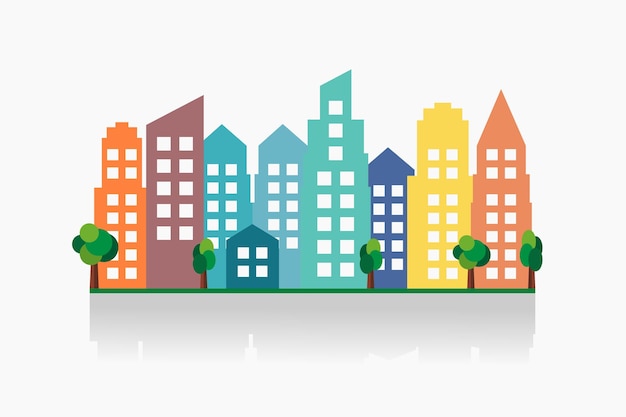 Colorful city skyline with trees Vector illustration