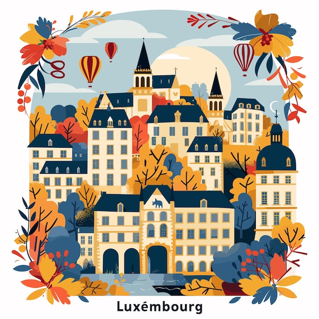 A colorful cityscape of LUXEMBOURG with a large number of buildings