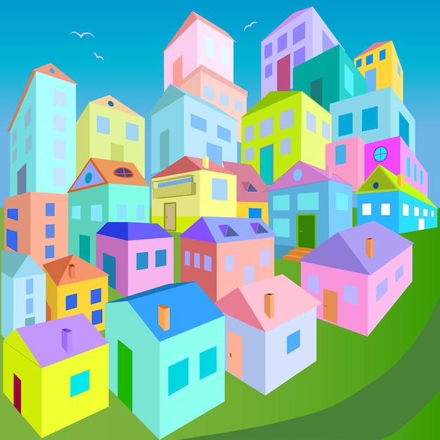 A colorful cityscape with a blue sky and a green hill in the background