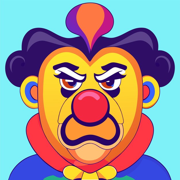 Вектор Красочный портрет персонажа клоуна, нарисованный вручную, плоский стильный стикер мультфильма, икона концепции изолирована