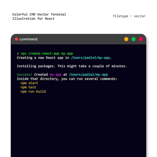 Colorful CMD Vector Terminal Illustration for React
