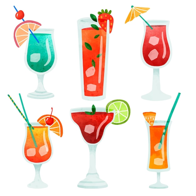 colorful cocktail drinks with various shaped glasses illustration set