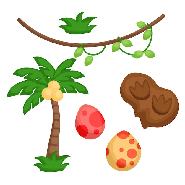 Красочное кокосовое дерево и яйцо динозавра для декорации фона Иллюстрация мультфильма Вектор Клипарт