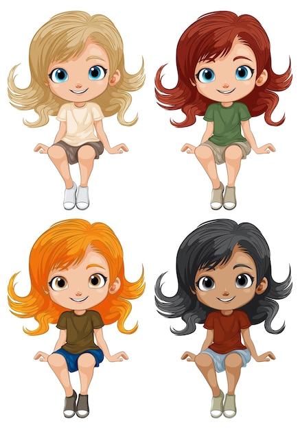 Vector colorful collection of cartoon girls