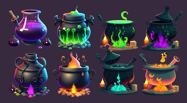 Colorful Collection of Magical Potions Brewing in Cauldrons Featuring Flames Bubbling Liquids and Mystical