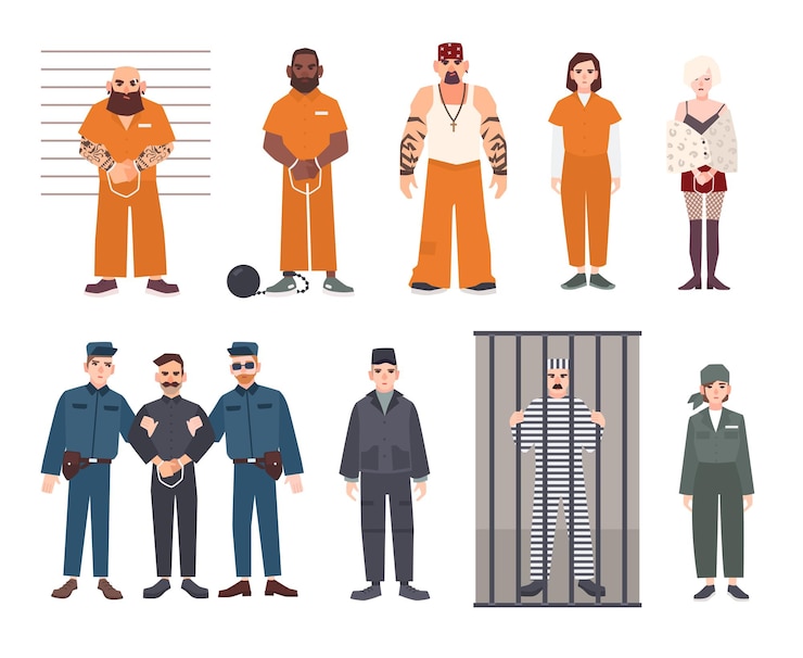 Vector 남성과 여성 죄수의 다채로운 컬렉션입니다. 체포된 남녀 세트. 평면 벡터 일러스트 레이 션.
