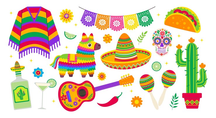 Vector a colorful collection of mexican items including a sombrero a guitar a cactus