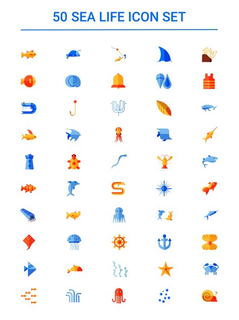 Vector colorful collection of sea life icon in flat style.