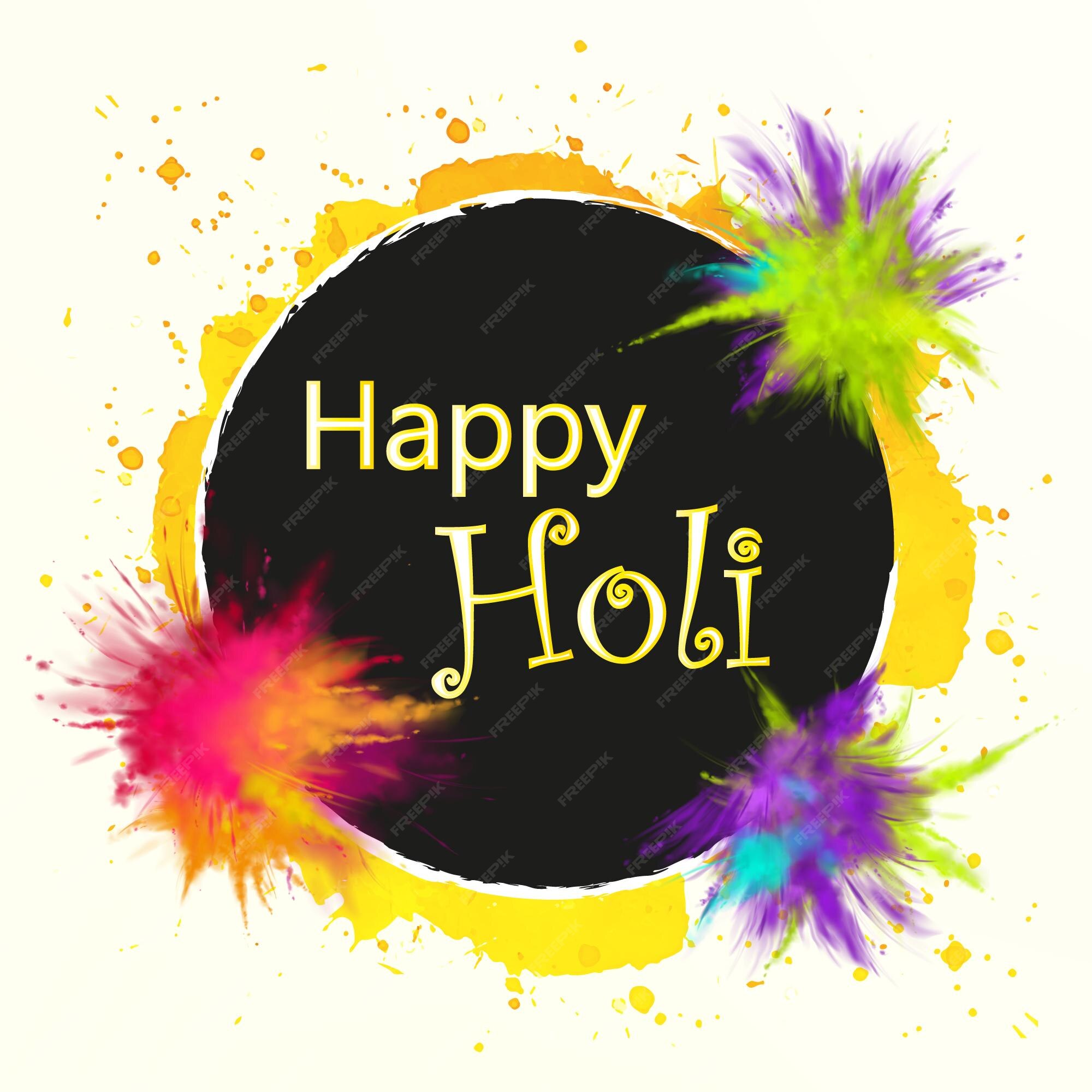 Premium Vector | Colorful color splash, holi festival with happy holi text  on black background