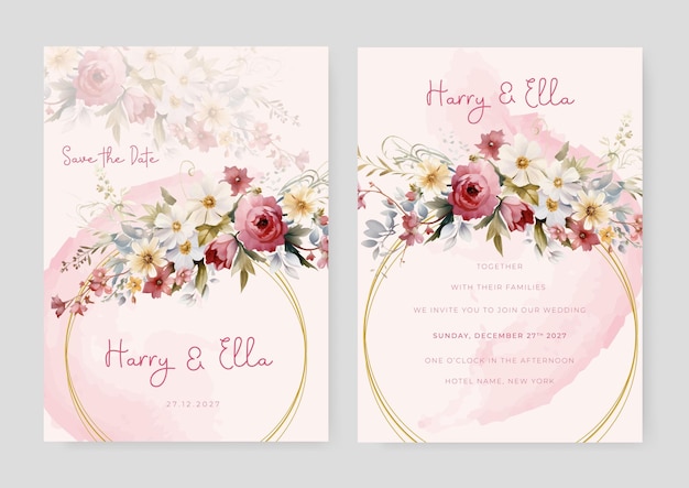 Colorful colourful poppy cosmos and peony modern wedding invitation template with floral and flower