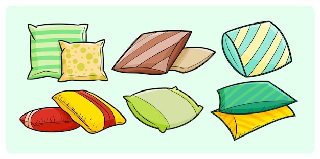 Vector colorful and comfortable pillows collection in simple doodle style