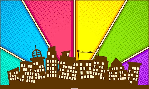 Sfondo comico colorato con silhouette della città