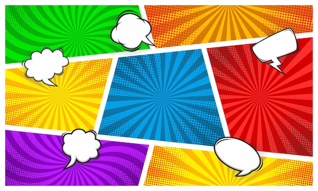 Colorful comic cartoon page background vector illustration with blank speech bubble