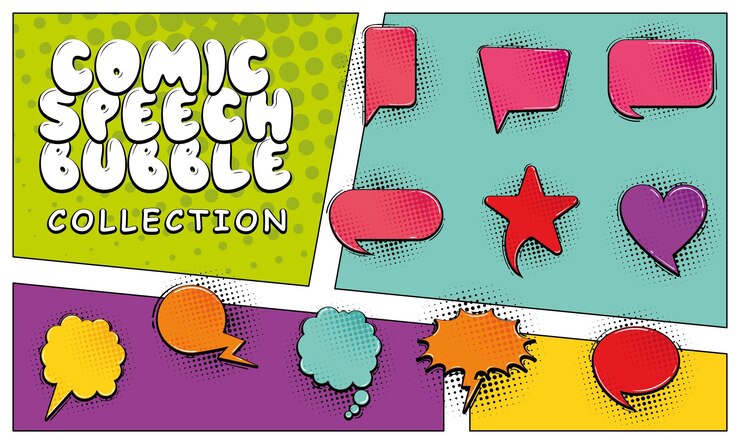 Colorful comic speech bubble collection with halftone effects