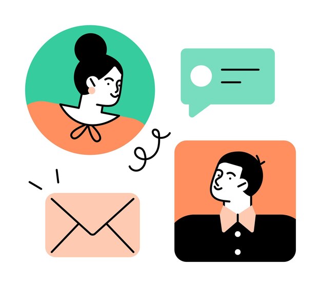 Colorful communication icons and character illustrations