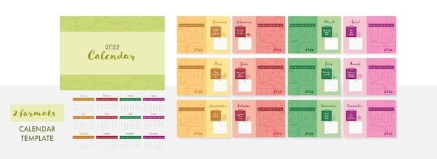 Colorful Complete Set Of 12 Month, 2022 Calendar Design In Two Formats.